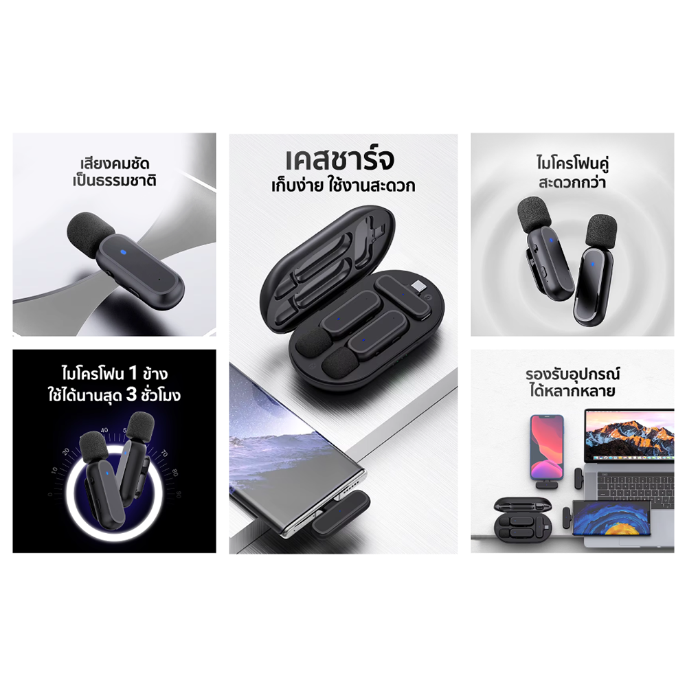 ไมโครโฟนไร้สาย ZTEC ZM121 มีกล่องชาร์จ ไมค์คู่ สีดำ สำหรับ USB-C ใช้งานแบบ Stereo และ Mono กด Mute ได้ _1